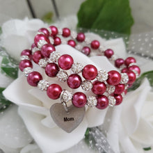 Load image into Gallery viewer, A handmade pearl and pave crystal expandable, multi-layer, wrap charm bracelet for mom - dark pink or custom color - #1 Mom Gifts - #1 Mom Bracelet - Mom Gift Ideas