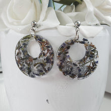 Load image into Gallery viewer, Handmade real flower resin round stud drop earrings made with lavender and silver leaf - Flower Earrings, Resin Flower Jewelry, Bridal Gifts