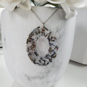 Handmade real flower oval pendant necklace made with lavender and silver flakes. - Pendant Necklace, Flower Necklace, Necklaces