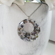 Load image into Gallery viewer, Handmade real flower circular pendant necklace made with lavender and silver flakes preserved in resin. - Red Necklace, Flower Necklace, Necklaces