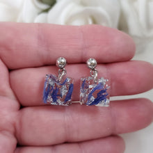 Load image into Gallery viewer, Handmade real flower stud dangle earrings made with blue cornflower and silver leaf preserved in resin. - Flower Stud Earrings, Square Earrings, Flower Earrings