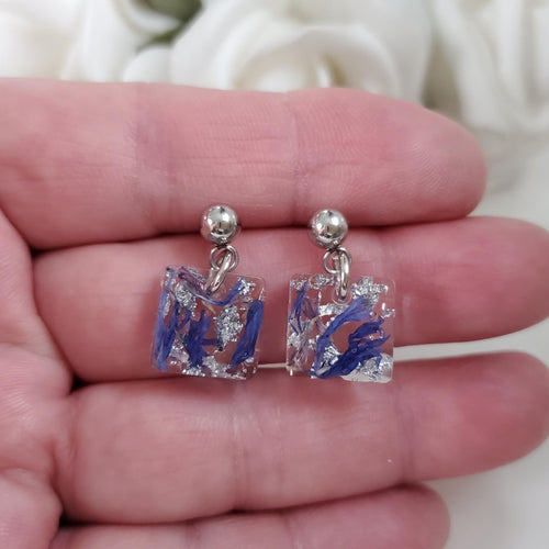 Handmade real flower stud dangle earrings made with blue cornflower and silver leaf preserved in resin. - Flower Stud Earrings, Square Earrings, Flower Earrings
