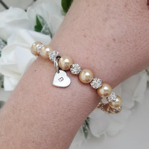 Handmade pearl and pave crystal rhinestone bracelet with heart charm - champagne or custom color - Personalized Pearl Bracelet - Letter Bracelet