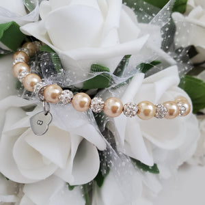 Handmade pearl and pave crystal rhinestone bracelet with heart charm - champagne or custom color - Personalized Pearl Bracelet - Letter Bracelet