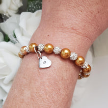 Load image into Gallery viewer, Handmade pearl and pave crystal rhinestone bracelet with heart charm - copper or custom color - Personalized Pearl Bracelet - Letter Bracelet