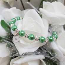 Load image into Gallery viewer, Handmade pearl and pave crystal rhinestone bracelet with heart charm - green or custom color - Personalized Pearl Bracelet - Letter Bracelet