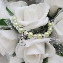 Load image into Gallery viewer, Handmade pearl and pave crystal rhinestone bracelet with heart charm - light green or custom color - Personalized Pearl Bracelet - Letter Bracelet