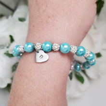 Load image into Gallery viewer, Handmade pearl and pave crystal rhinestone bracelet with heart charm - aquamarine blue or custom color - Personalized Pearl Bracelet - Letter Bracelet