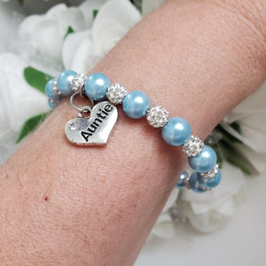Handmade pearl and pave crystal rhinestone auntie charm bracelet, light blue or custom color - Auntie Gift - Auntie Present - Auntie Gift Ideas