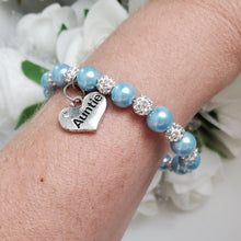 Load image into Gallery viewer, Handmade pearl and pave crystal rhinestone auntie charm bracelet, light blue or custom color - Aunt Gift - Aunt Bracelet - Aunt To Be Gift