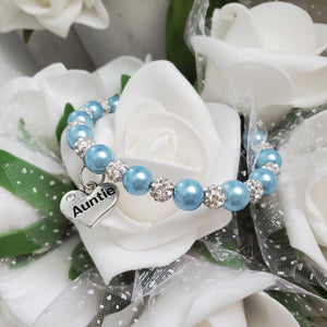 Handmade pearl and pave crystal rhinestone auntie charm bracelet, light blue or custom color - Aunt Gift - Aunt Bracelet - Aunt To Be Gift