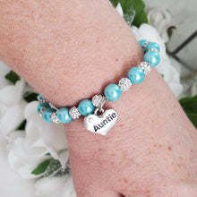 Load image into Gallery viewer, Handmade pearl and pave crystal rhinestone auntie charm bracelet, aquamarine blue or custom color - Aunt Gift - Aunt Bracelet - Aunt To Be Gift