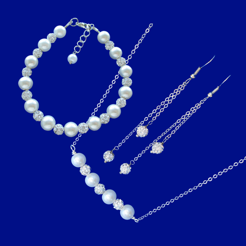 Pearl Set - Jewelry Sets - Bridal Gifts - Bridesmaid Gift - handmade pearl and crystal bar necklace accompanied by a a bracelet and a pair of crystal multi-strand drop earrings, white or custom color