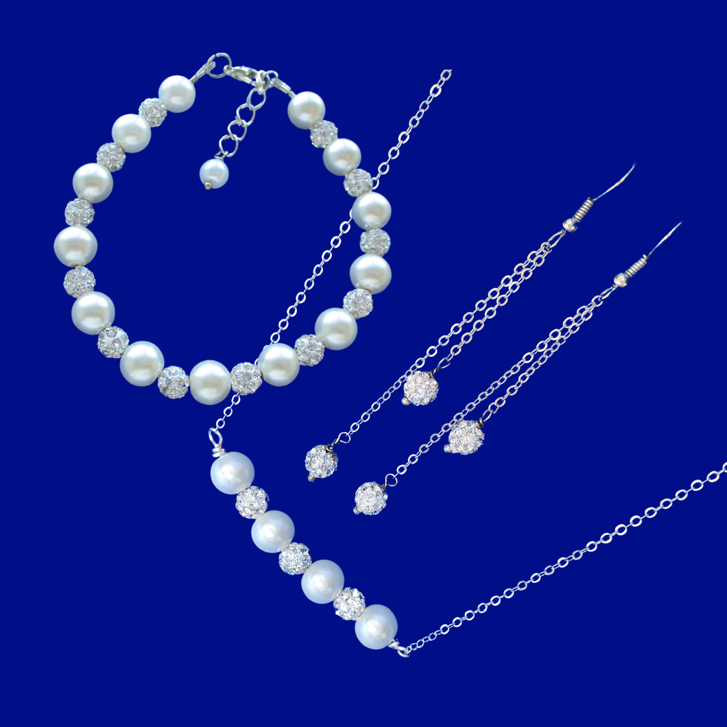 Pearl Set - Jewelry Sets - Bridal Gifts - Bridesmaid Gift - handmade pearl and crystal bar necklace accompanied by a a bracelet and a pair of crystal multi-strand drop earrings, white or custom color