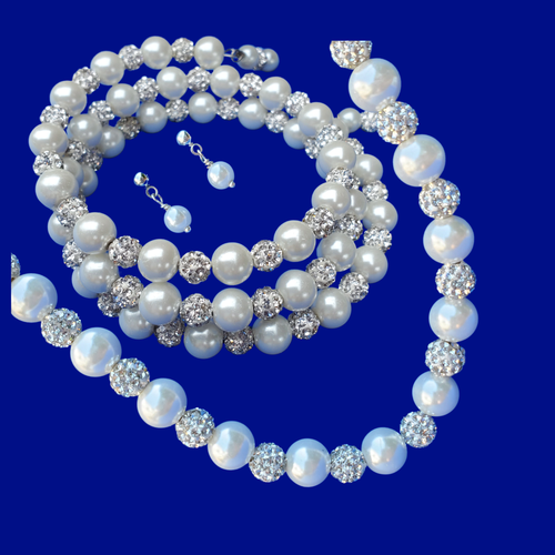 Bridal Jewellery Set - Necklace Set - Jewelry Set, handmade pearl and crystal necklace accompanied by an expandable, multi-layer, wrap bracelet and a paid of pearl stud earrings, white and silver or custom color
