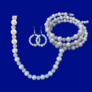 Wedding Sets - Jewelry Set - Necklace Set - A handmade pearl and crystal necklace accompanied by an expandable, multi-layer, wrap bracelet and a pair of hoop earrings