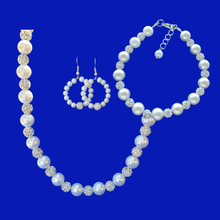 Load image into Gallery viewer, Bridal Jewelry Set - Pearl Set - Jewelry Set, handmade pearl and crystal necklace accompanied by a matching bracelet and a pair of hoop earrings, white and silver or custom color