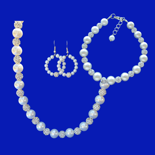 Bridal Jewelry Set - Pearl Set - Jewelry Set, handmade pearl and crystal necklace accompanied by a matching bracelet and a pair of hoop earrings, white and silver or custom color
