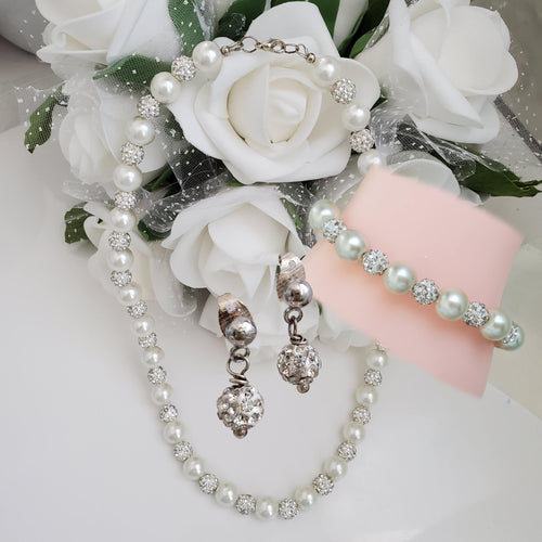Handmade pearl and pave crystal rhinestone necklace accompanied by a matching bracelet and a pair of dangling stud earrings, ivory and silver or custom color - Bridal Sets - Wedding Sets - Jewelry Sets
