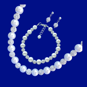 Bridal Sets - Wedding Sets - Jewelry Sets, handmade pearl and crystal necklace accompanied by a matching bracelet and a pair of stud earrings, white and silver or custom color