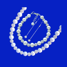 Load image into Gallery viewer, Bridal Sets - Bride To Be Gifts - Jewelry Sets - handmade pearl and crystal necklace accompanied by a matching bracelet and a pair of crystal drop earrings, white and silver or silver and custom color