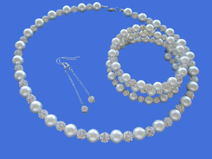 Jewelry Set - Bride Gift - Maid Of Honor Gift - handmade pearl and crystal necklace accompanied by an expandable, multi-layer, wrap bracelet and a pair of crystal drop earrings, white and silver clear or silver clear or custom color
