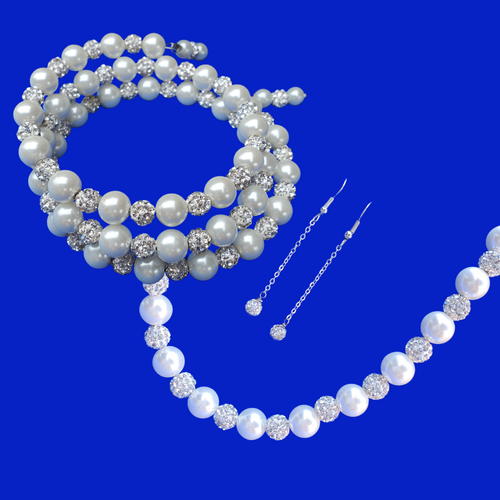 Jewelry Set - Bride Gift - Maid Of Honor Gift - handmade pearl and crystal necklace accompanied by an expandable, multi-layer, wrap bracelet and a pair of crystal drop earrings, white or silver clear or custom color