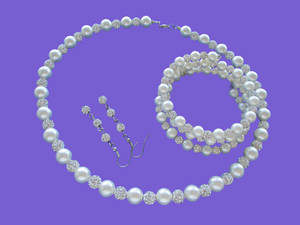 handmade pearl and crystal necklace accompanied by an expandable, multi-layer, wrap bracelet and a pair of drop earrings