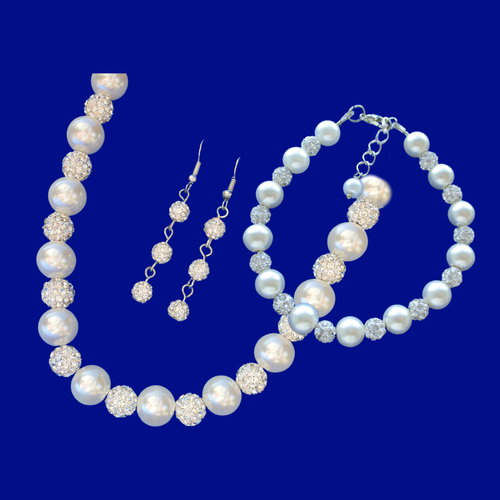 handmade pearl and crystal necklace accompanied by a matching bracelet and a pair of crystal drop earrings
