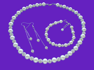 A handmade pearl and crystal necklace accompanied by a matching bracelet and crystal drop earring jewelry set, silver and ivory or silver and custom color