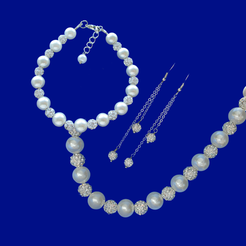 A handmade pearl and crystal necklace accompanied by a matching bracelet and crystal drop earring jewelry set, silver and ivory or silver and custom color