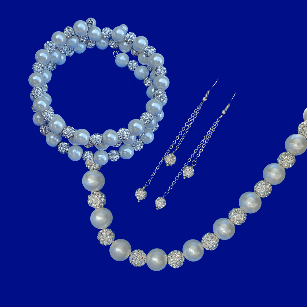  handmade pearl and crystal necklace accompanied by an expandable, multi-layer, wrap bracelet and a pair of multi-strand crystal earrings, white or custom color -Jewelry Sets - Groom To Bride Gift - Pearl Set 
