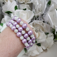 Load image into Gallery viewer, Handmade pearl and pave crystal rhinestone expandable, multi-layer, wrap bracelet accompanied by a pair of double-strand crystal drop earrings, lavender purple or custom color - Bracelet Sets - Bride Gift - Bridal Gift Ideas