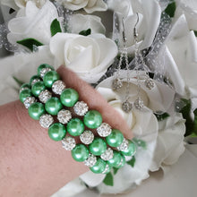 Load image into Gallery viewer, Handmade pearl and pave crystal rhinestone expandable, multi-layer, wrap bracelet accompanied by a pair of double-strand crystal drop earrings, green or custom color - Bracelet Sets - Bride Gift - Bridal Gift Ideas
