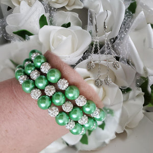 Handmade pearl and pave crystal rhinestone expandable, multi-layer, wrap bracelet accompanied by a pair of double-strand crystal drop earrings, green or custom color - Bracelet Sets - Bride Gift - Bridal Gift Ideas