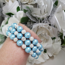 Load image into Gallery viewer, Handmade pearl and pave crystal rhinestone expandable, multi-layer, wrap bracelet accompanied by a pair of double-strand crystal drop earrings, light blue or custom color - Bracelet Sets - Bride Gift - Bridal Gift Ideas