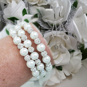 Handmade pearl and pave crystal rhinestone expandable, multi-layer, wrap bracelet accompanied by a pair of double-strand crystal drop earrings, white or custom color - Bracelet Sets - Bride Gift - Bridal Gift Ideas
