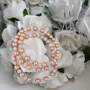 Handmade pearl and pave crystal rhinestone expandable, multi-layer, wrap bracelet accompanied by a pair of double-strand crystal drop earrings, powder orange or custom color - Bracelet Sets - Bride Gift - Bridal Gift Ideas
