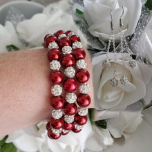 Load image into Gallery viewer, Handmade pearl and pave crystal rhinestone expandable, multi-layer, wrap bracelet accompanied by a pair of double-strand crystal drop earrings, bordeaux red or custom color - Bracelet Sets - Bride Gift - Bridal Gift Ideas