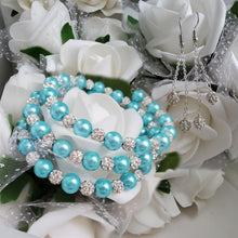 Load image into Gallery viewer, Handmade pearl and pave crystal rhinestone expandable, multi-layer, wrap bracelet accompanied by a pair of double-strand crystal drop earrings, aquamarine blue or custom color - Bracelet Sets - Bride Gift - Bridal Gift Ideas
