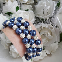 Load image into Gallery viewer, Handmade pearl and pave crystal rhinestone expandable, multi-layer, wrap bracelet accompanied by a pair of double-strand crystal drop earrings, dark blue or custom color - Bracelet Sets - Bride Gift - Bridal Gift Ideas