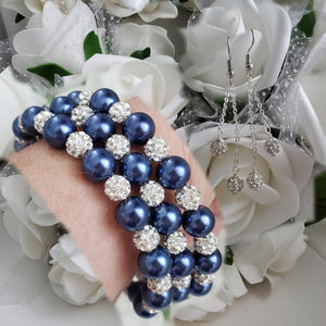 Handmade pearl and pave crystal rhinestone expandable, multi-layer, wrap bracelet accompanied by a pair of double-strand crystal drop earrings, dark blue or custom color - Bracelet Sets - Bride Gift - Bridal Gift Ideas