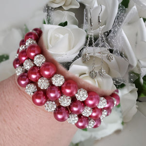 Handmade pearl and pave crystal rhinestone expandable, multi-layer, wrap bracelet accompanied by a pair of double-strand crystal drop earrings, dark pink or custom color - Bracelet Sets - Bride Gift - Bridal Gift Ideas