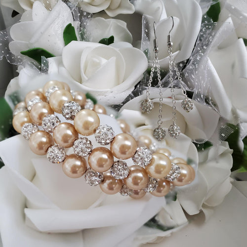Handmade pearl and pave crystal rhinestone expandable, multi-layer, wrap bracelet accompanied by a pair of double-strand crystal drop earrings, champagne or custom color - Bracelet Sets - Bride Gift - Bridal Gift Ideas
