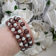Load image into Gallery viewer, Handmade pearl and pave crystal rhinestone expandable, multi-layer, wrap bracelet accompanied by a pair of double-strand crystal drop earrings, chocolate brown or custom color - Bracelet Sets - Bride Gift - Bridal Gift Ideas