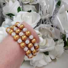 Load image into Gallery viewer, Handmade pearl and pave crystal rhinestone expandable, multi-layer, wrap bracelet accompanied by a pair of double-strand crystal drop earrings, copper (gold) or custom color - Bracelet Sets - Bride Gift - Bridal Gift Ideas