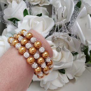 Handmade pearl and pave crystal rhinestone expandable, multi-layer, wrap bracelet accompanied by a pair of double-strand crystal drop earrings, copper (gold) or custom color - Bracelet Sets - Bride Gift - Bridal Gift Ideas