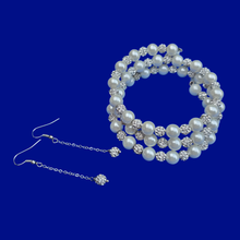 Load image into Gallery viewer, A handmade pearl and crystal expandable, multi-layer, wrap bracelet accompanied by a pair of crystal drop earrings. - Bracelet Set - Maid Of Honor Gifts - Pearl Set