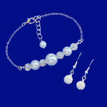 Load image into Gallery viewer, Bracelet Sets - Earring Sets - Pearl Set, handmade pearl crystal bar bracelet drop earring jewelry set, white or custom color