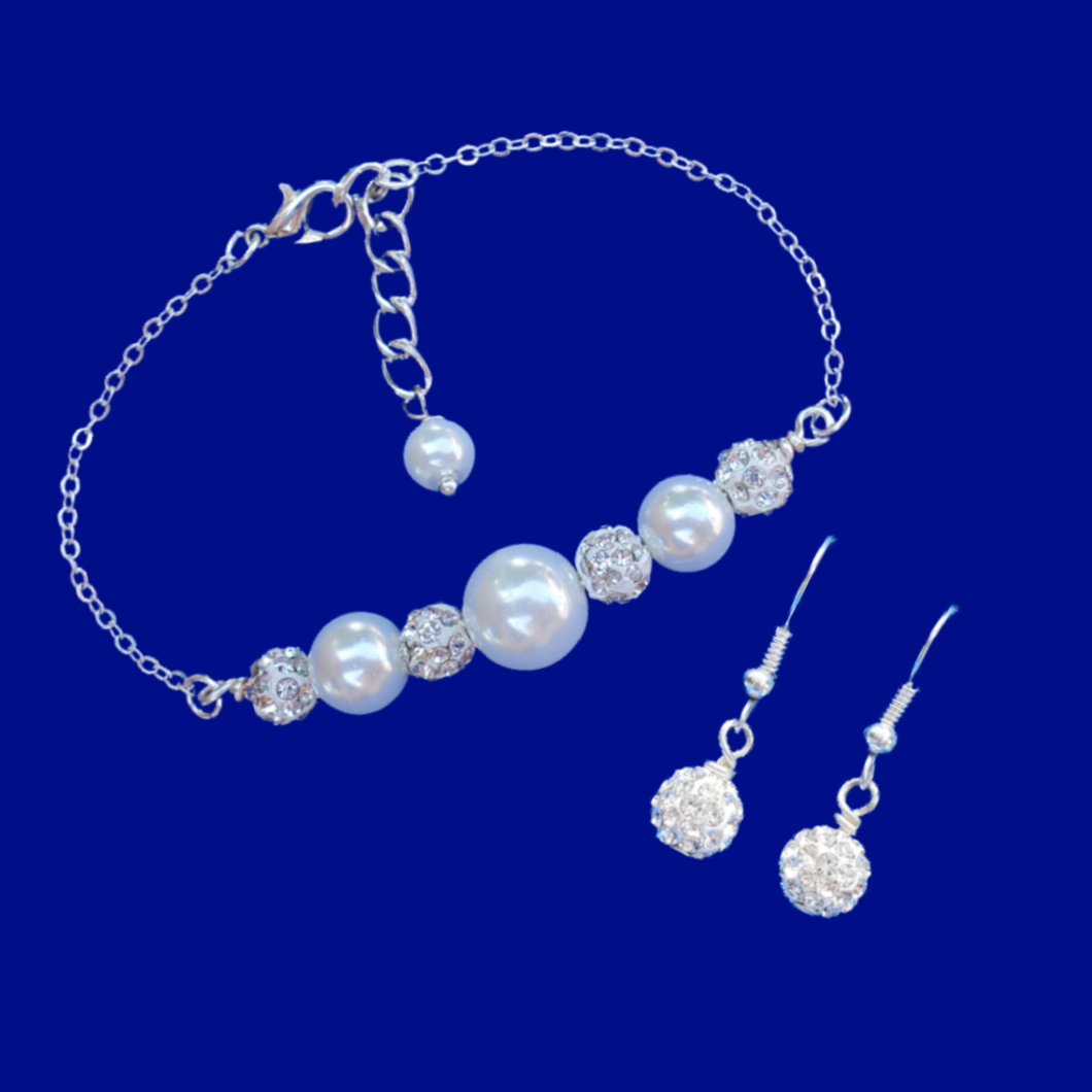 Bracelet Sets - Earring Sets - Pearl Set, handmade pearl crystal bar bracelet drop earring jewelry set, white or custom color